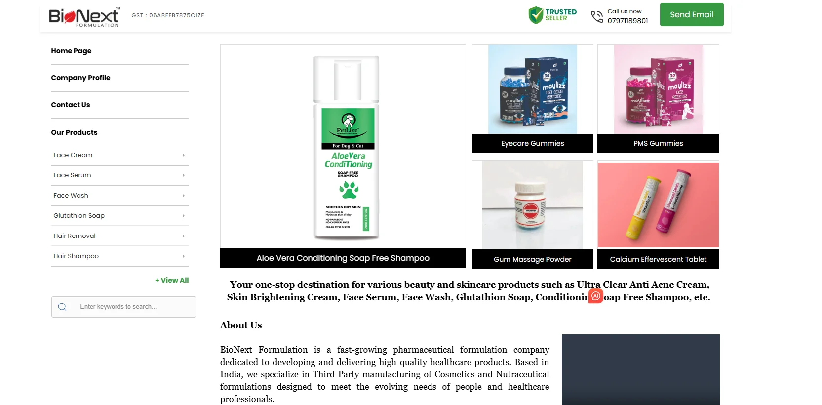 BioNext Formulation webpage showing various products including Aloe Vera Shampoo and nutrition supplements.